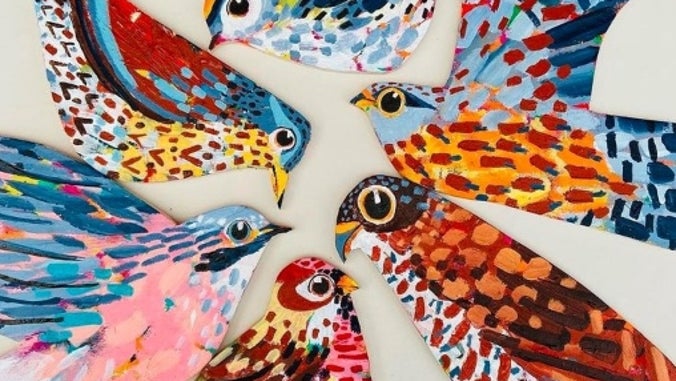 Colourful painted birds created by artist Claire West